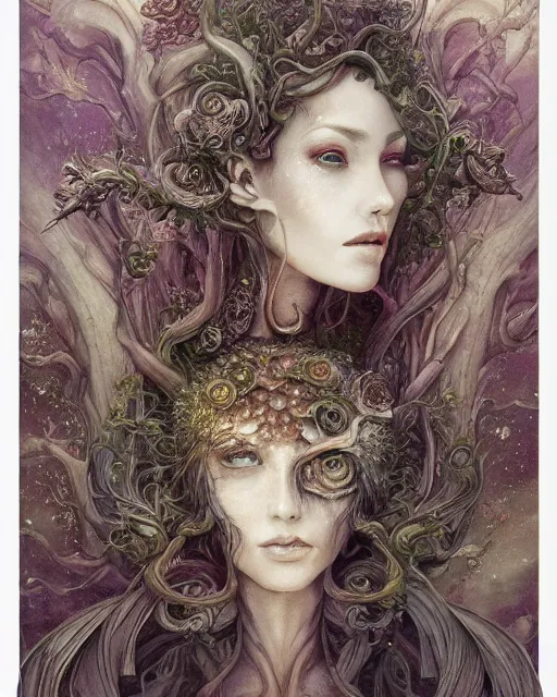Image similar to centered beautiful detailed front view portrait of a woman with ornate growing around, ornamentation, flowers, elegant, beautifully soft lit, full frame, by wayne barlowe, peter mohrbacher, kelly mckernan,