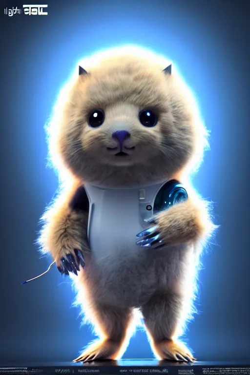 Image similar to high quality 3 d render sci - fi very cute fluffy! wombat!! cyborg with futuristic mechanical parts, cyberpunk monocle!, highly detailed, vray cinematic smooth, in the style of detective pikachu, hannah yata charlie immer, dark blue neon light, low angle, uhd 8 k, sharp focus