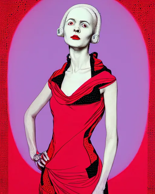 Prompt: portrait of a young pale woman with lilac hair, wearing a neon red dress by Vivienne Westwood, intricate details, cyberpunk, super-flat, in the style of James Jean, Bartholomäus the Elder, black background