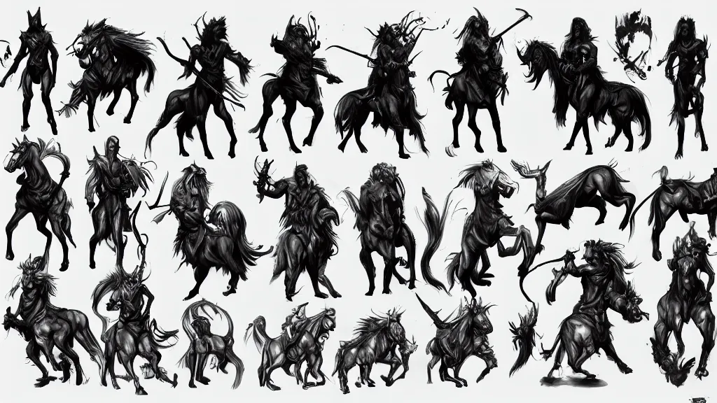 Image similar to a fantasy centaur warlock creature design sheet, trending on artstation