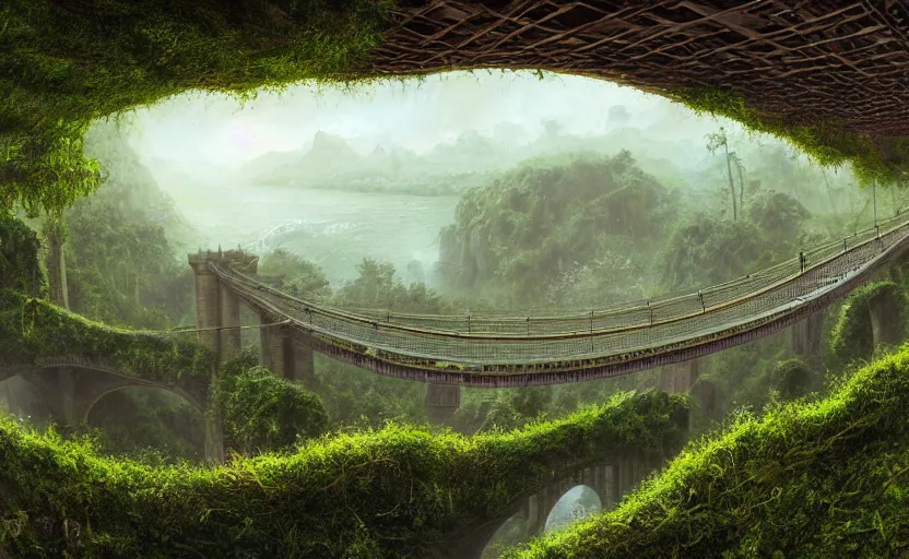 Image similar to an epic landscape view of vines and moss growing on the brooklyn bridge, moss, jungle, with pterosaurs flying, close - up, low angle, wide angle, atmospheric, volumetric lighting, cinematic, very realistic, sharp, highly detailed digital art, painted by tyler edlin