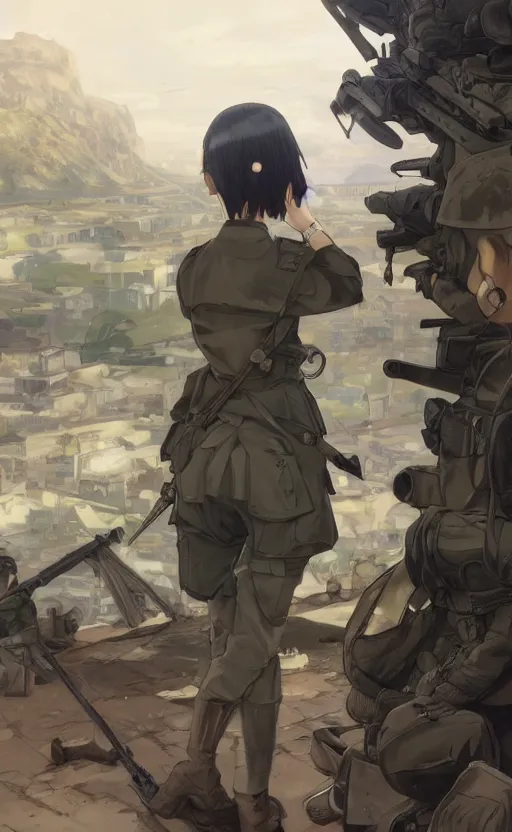 Image similar to panoramic view, girl, soldier clothing, battlefield in background, anime style, short hair, hair down, realistic anatomy, symmetrical facial features, from arknights, hyper realistic, 4 k, rule of thirds, extreme detail, detailed drawing, safebooru, realistic lighting, by alphonse mucha, greg rutkowski, sharp focus, backlit