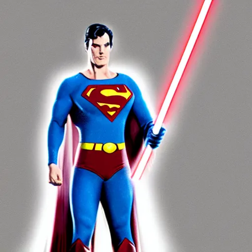 Prompt: superman as a jedi, S symbol on his chest, Realistic, Body shot from the front, Realistic, 3D, Light saber in his right hand