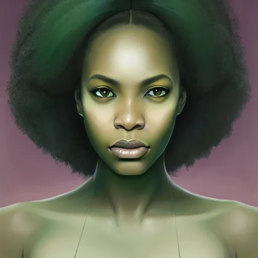 Prompt: a detailed matte oil on canvas head on symmetrical portrait of black skinned woman with long white and ( ( pale green ) ) hair, clothed by charlie bowater, lise deharme, wlop, trending on artstationhd, dungeons and dragons art critical role