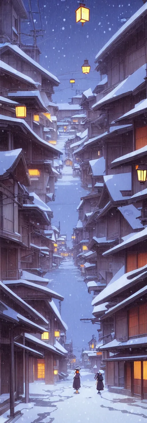 Image similar to empty rural japanese town at night, winter, in the style of studio ghibli, j. c. leyendecker, greg rutkowski, artem