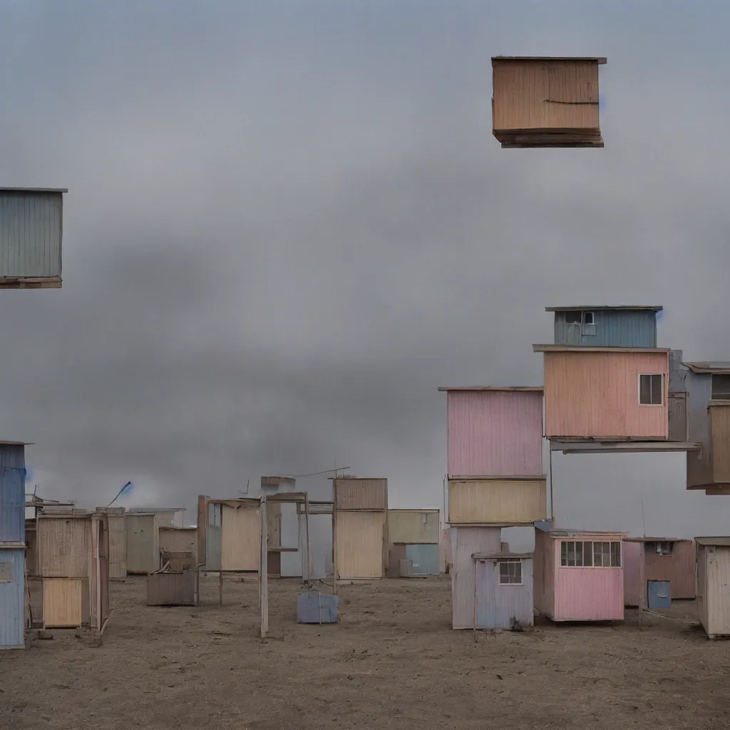 Image similar to vertically stacked makeshift squatter shacks with pastel colours, plain uniform sky at the back, misty, mamiya, ultra sharp, very detailed, photographed by alejandro jodorowsky