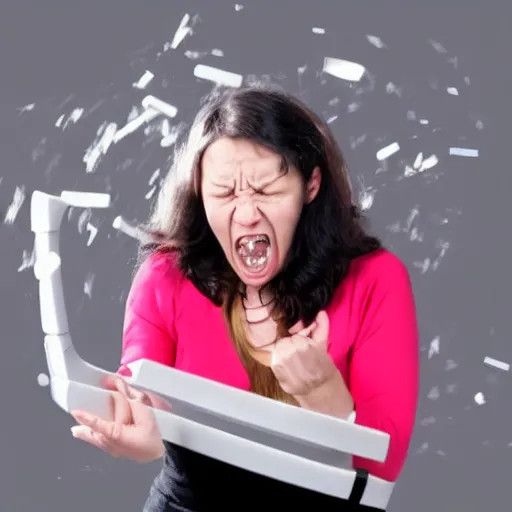 Image similar to A woman smashing a keyboard, angry, stock photo