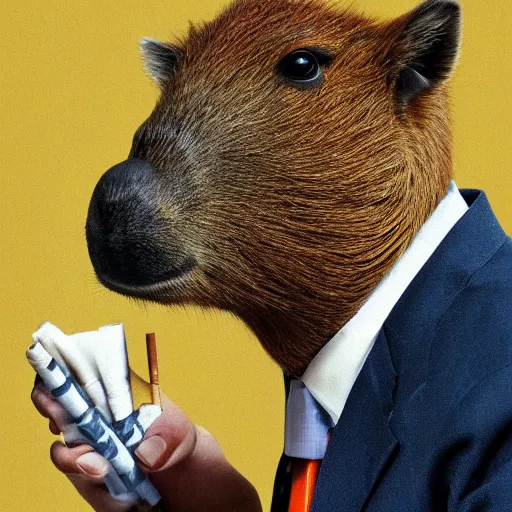 Image similar to a high detail photo of an antropomorphic capybara wearing a suit smoking a cigarrette, subject= duck, subject detail: wearing a suit, subject action: smoking a cigarrette photorealism