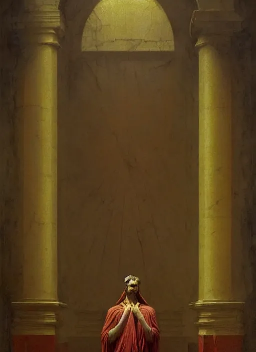 Prompt: neoclassical portrait of antichrist in his temple, by jacques - louis david, by greg rutkowski, by zdzisław beksinski, trending on artstation, featured on pixiv, masterpiece, oil on canvas, cinematic composition, beautiful lighting,