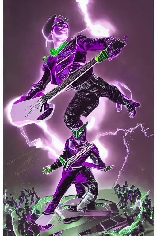 Prompt: portrait of johnny cash as purple green ranger from power rangers riding on guitar zord ufo hoverboard, intricate, highly detailed, smooth, artstation, digital illustration by Ruan Jia and Mandy Jurgens and Artgerm and Wayne Barlowe and Greg Rutkowski and Zdislav Beksinski