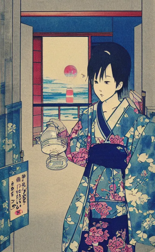 Image similar to by akio watanabe, manga art, alone girl is drinking sake while looking outside of window, blue cup, trading card front, kimono, realistic anatomy, sun in the background