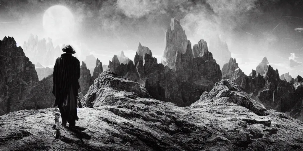 Image similar to 1920s photography of lonely wanderer, dolomites in the background, occult signs, fire, alp, dolomites, alpine, detailed intricate insanely detailed octane render, 8k artistic 1920s photography, photorealistic, black and white, chiaroscuro, hd, by David Cronenberg, Raphael, Caravaggio