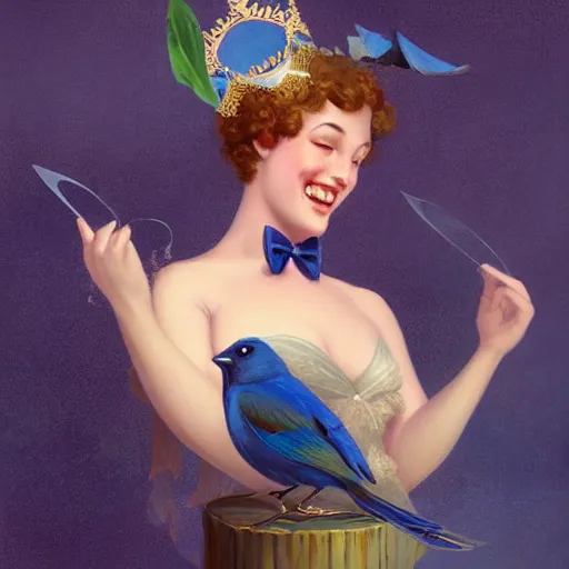 Image similar to an indigo bunting bird wearing a crown and bowtie, he's emperor of the world by greg rutkowski, rossdraws, gil elvgren, enoch bolles, anime, very coherent