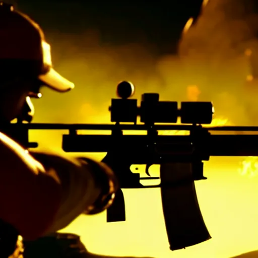 Image similar to high detail movie still of spongebob squarepants shooting an ak - 4 7 machine gun with muzzle flash, cinematic framing rule of thirds, cinematic light, hard shadows, in the style of the movie lone survivor,