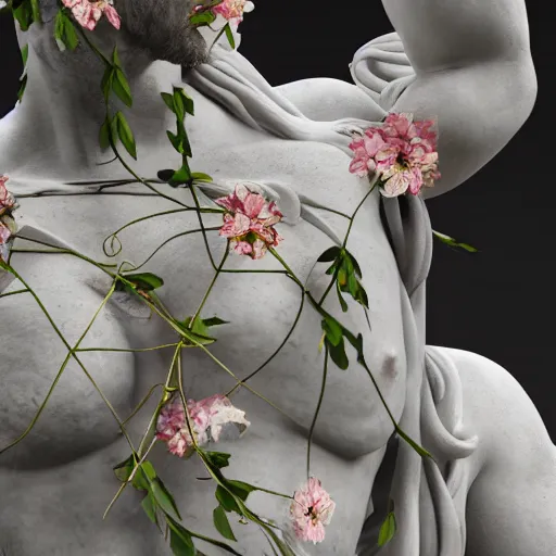 Image similar to a marble statue covered in flowers, full frame, cinematic light, 8k, hyper detailed , unreal engine,