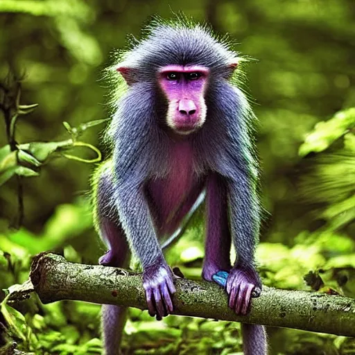 Prompt: iridescent rainbow colored baboon in a forest national geographic photograph detailed
