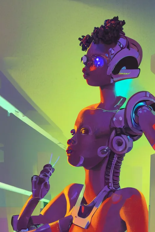 Image similar to a black girl fixing a robot, in the nature, mixing solarpunk, afropunk and cyberpunk technology and aesthetic ( ( ( ( volumetric light ) ) ) ), high angle, part by pearl fryar, part by prince damah, sunny day, trending on artstation, cinematic view, illustration, painting.