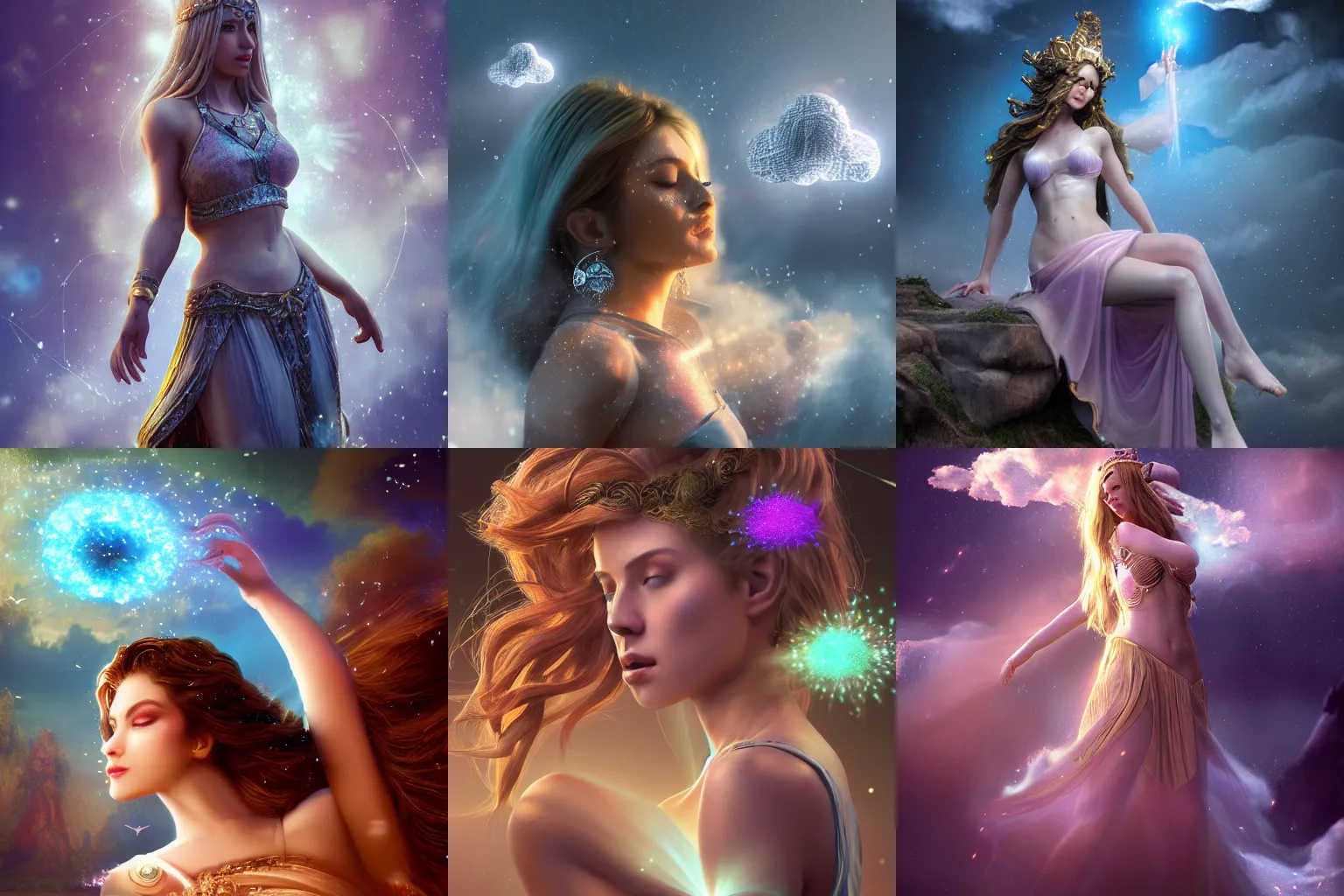 Prompt: a beautiful female goddess of photography character, character is in all its glory, character is in her natural relaxed pose, rim lights, particles and dust in the air, fancy clouds, highly detailed professional photo, dynamic lights, particles are flying, depth of field, trending on artstation, illustration, hyper realistic, vray caustics, super detailed, colorful accents, cinematic shot