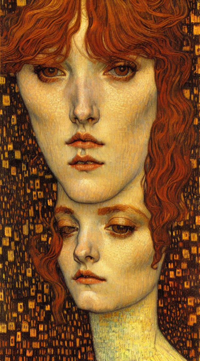 Image similar to detailed realistic beautiful young medieval queen face portrait by jean delville, gustav klimt and vincent van gogh, art nouveau, symbolist, visionary, gothic, pre - raphaelite, muted earthy colors, desaturated