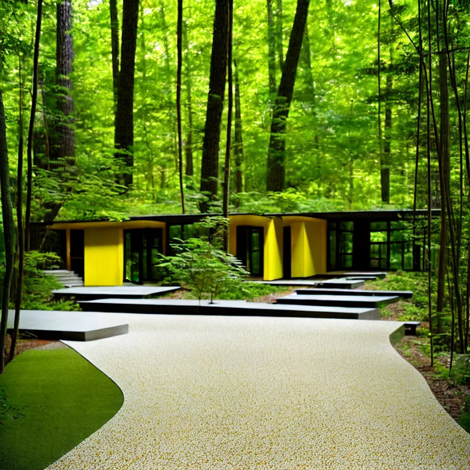 Image similar to a gravel pathway leading to a mid-century modern house in a forest, designed by Frank Gehry. Big tiles. Film grain, cinematic, yellow hue