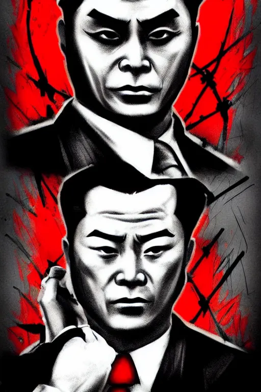 Prompt: chinnese mafia, with black suit and red tissue, some of leader have dragon tatto. digital art, concept art, pop art, bioshock art style, accurate, detailed, gta chinatown art style, l. a noire art style, dynamic, face features, body features, ultra realistic, smooth, sharp focus, art by richard hamilton and mimmo rottela