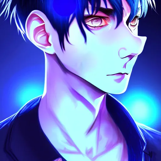 Image similar to a highly detailed portrait of a man with navy blue hair and blue glowing eyes, blue transparent cubes in backround, high detail clothing, concept art, anime, artstation, professional drawing