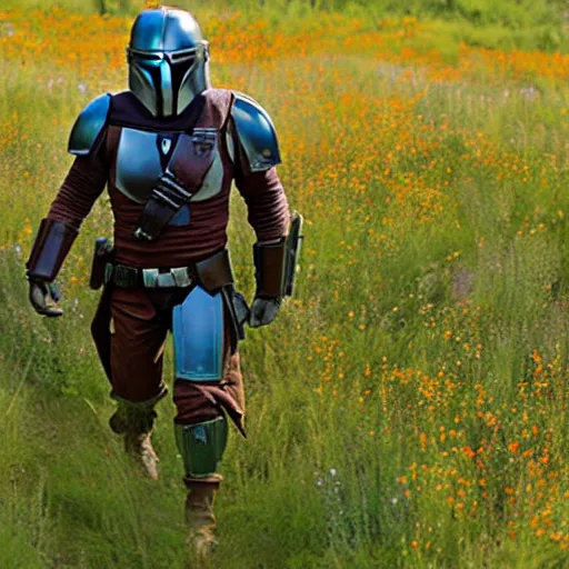 Image similar to mandalorian skipping through field of wildflowers, stunning cinematography, light diffusion