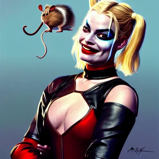 Prompt: perfectly-centered-Portrait of margot robbie as harley quinn licking a mouse, gotham city backround, intricate, elegant, super highly detailed, professional digital painting, artstation, concept art, smooth, sharp focus, no blur, no dof, extreme illustration, Unreal Engine 5, 8K, art by artgerm and greg rutkowski and alphonse mucha and loish and WLOP