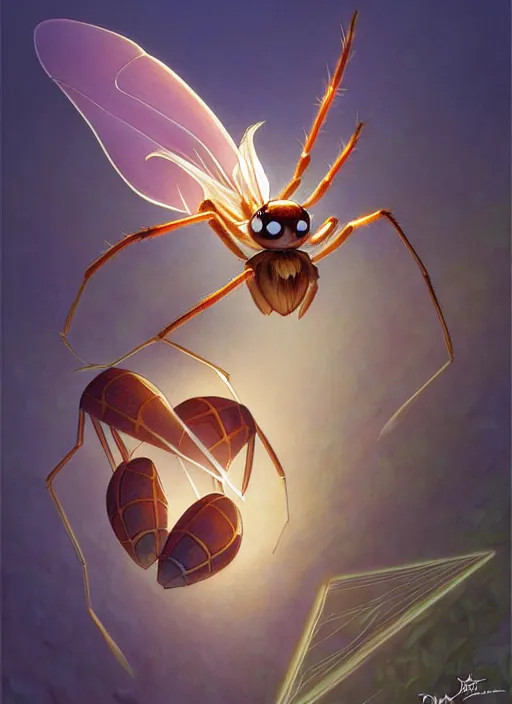 Image similar to spider eating moth, natural lighting, path traced, highly detailed, high quality, digital painting, by don bluth and ross tran and studio ghibli and alphonse mucha, artgerm