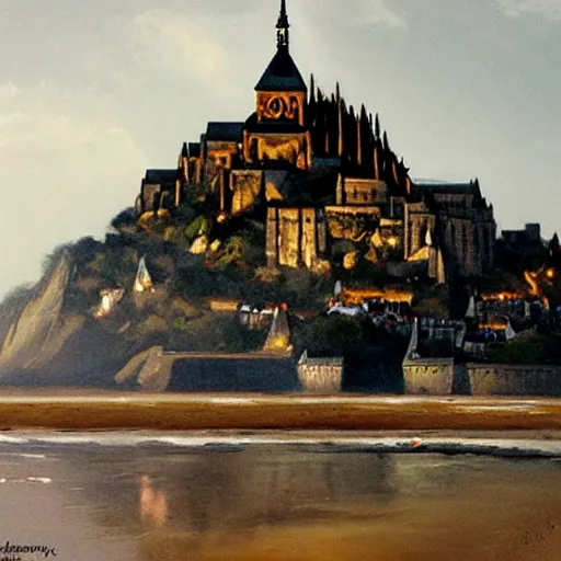 Prompt: Mont St. Michel by James Gurney, trending on artstation, award winning digital art