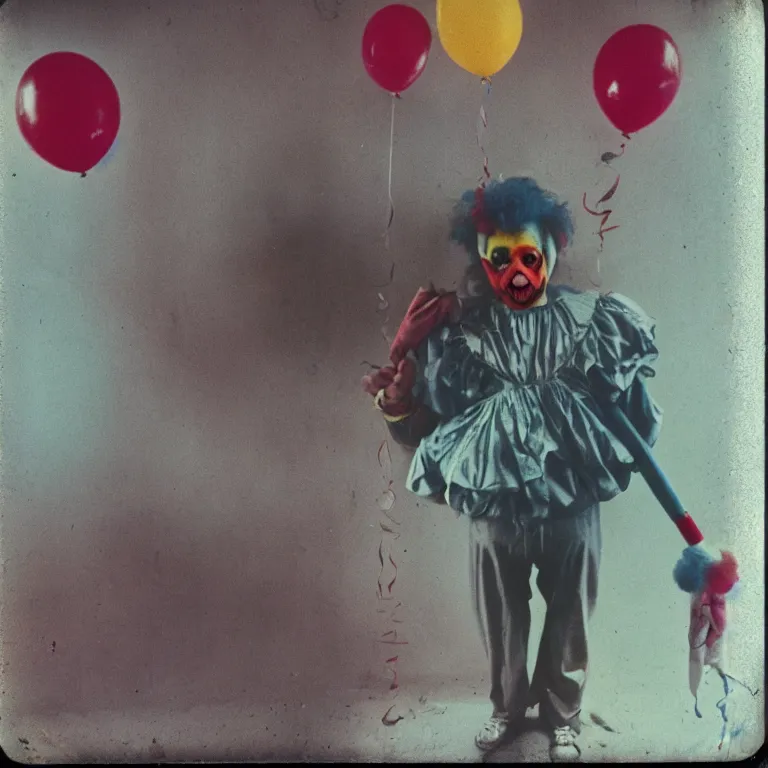 Image similar to color photo of a creepy birthday clown, weathered polaroid, circa 1 9 8 6, technicolor, archival quality image, photograph scanned by