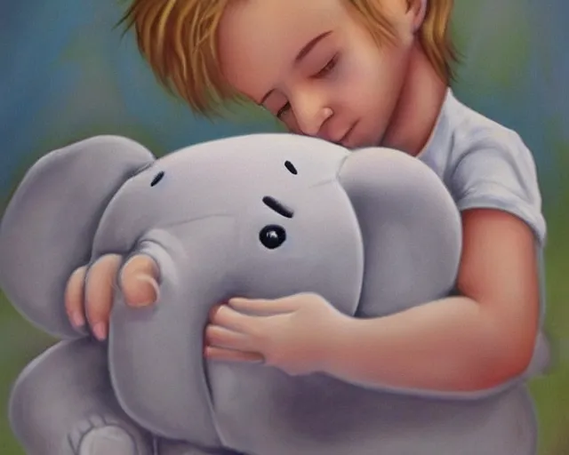 Prompt: a beautiful detailed cartoon portrait of a little boy hugging his elephant pillow, sharp high quality