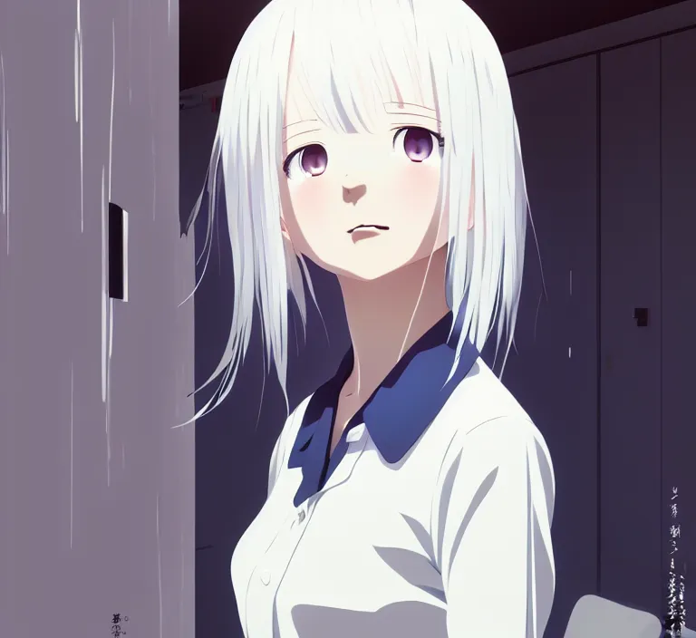Prompt: anime visual, a young woman with white hair in her room interior, cute face by ilya kuvshinov, yoshinari yoh, makoto shinkai, katsura masakazu, dynamic perspective pose, detailed facial features, kyoani, rounded eyes, crisp and sharp, cel shade, anime poster, ambient light