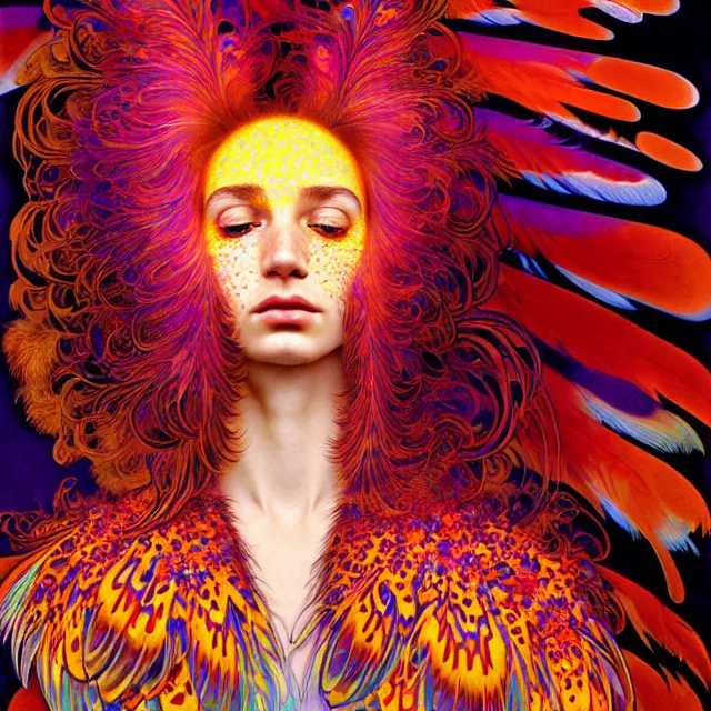 Image similar to face of young freckly psychedelic transcendent feather mind bending psychedelic wings of glossy liquid honey flowing like kaleidoscopic translucent holograph, lsd feathers, feathery fluff, enlightenment, high contrast dappled lighting, refracted sunset, highly detailed, concept art, art by collier, albert aublet, krenz cushart, artem demura, alphonse mucha