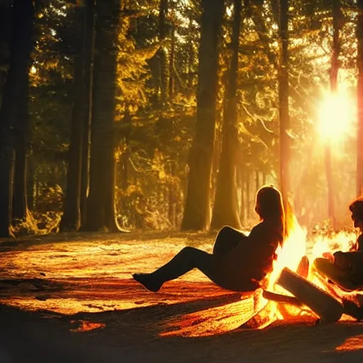 Prompt: sitting around the fire, forest, sea, highly detailed, cinematic, ray of golden sunlight