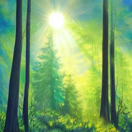 Prompt: a painting of a forest clearing in the morning with sun shining through the trees, mystical, magical