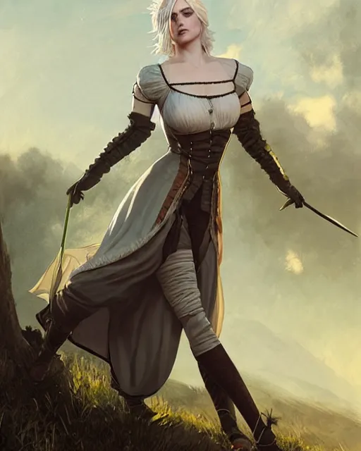 Image similar to Pre-Raphaelite Ciri from Witcher 3 by Artgerm and Greg Rutkowski, wearing haute couture by schiaparelli, sharp focus, sun rays, full body, intricate, elegant, highly detailed, digital painting, pale