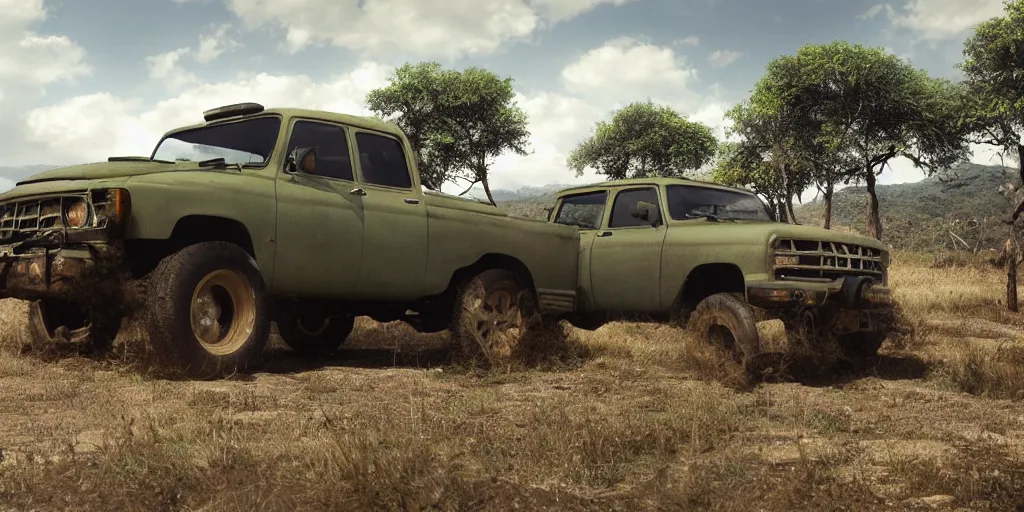 Image similar to A 4x4 pickup truck in the Savana, Extreme wide shot, matte painting