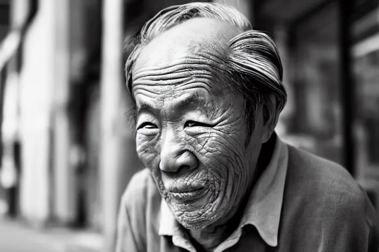 Image similar to still photo of a japanese old man greeting at the camera on the street, black and white color aesthetic, highly detailed, photorealistic portrait, bright studio setting, studio lighting, crisp quality and light reflections, unreal engine 5 quality render