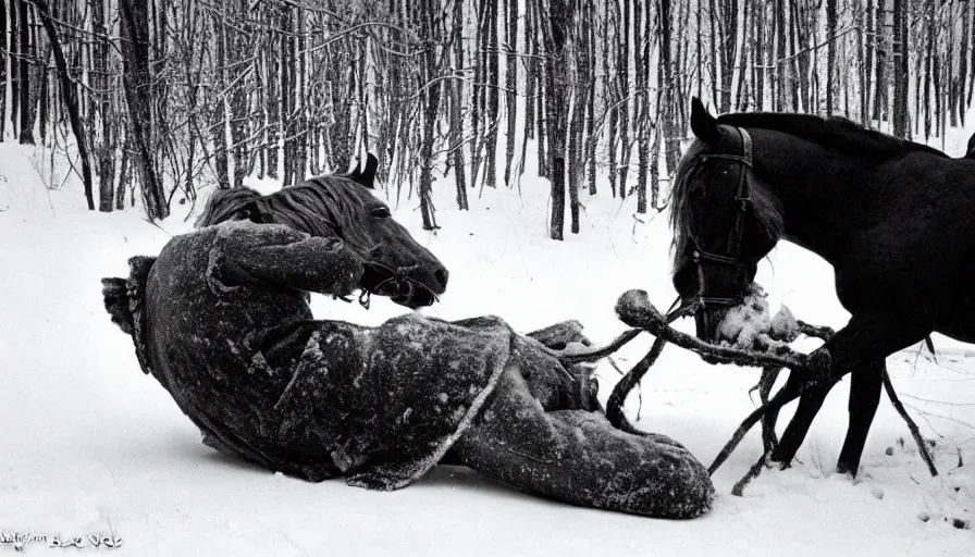 Image similar to 1 9 6 0 s movie still close up of marcus aurelius + horse both frozen to death under the snow by the side of a river with gravel, pine forests, cinestill 8 0 0 t 3 5 mm b & w, high quality, heavy grain, high detail, texture, dramatic light, anamorphic, hyperrealistic, detailed hair, foggy