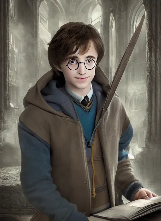 Prompt: young harry potter in ravenclaw studio portrait, aperture f 3. 2, au naturel, hyper detailed, digital art, trending on artstation, cinematic lighting, studio quality, smooth render, unreal engine 5 rendered, octane rendered, art style by klimt and nixeu and ian sprigger and wlop and krenz cushart