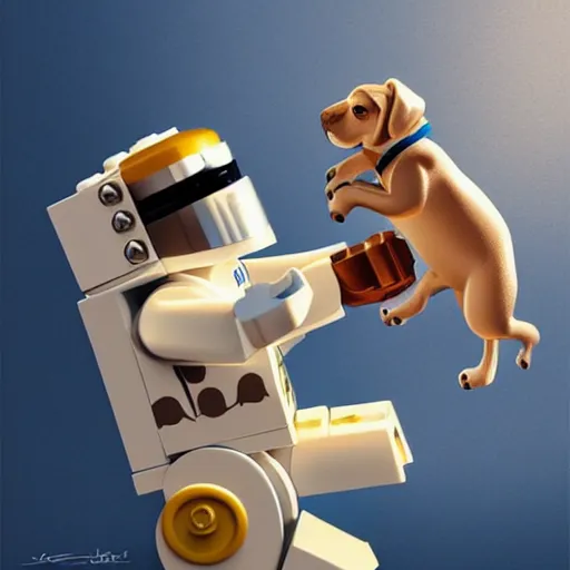 Image similar to lego astronaut playing with a dog by goro fujita, realism, sharp details, cinematic, highly detailed, digital painting,