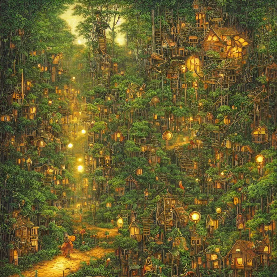 Prompt: a painting in the style of Jacek Yerka , a village on stilts is walking through the jungle at night