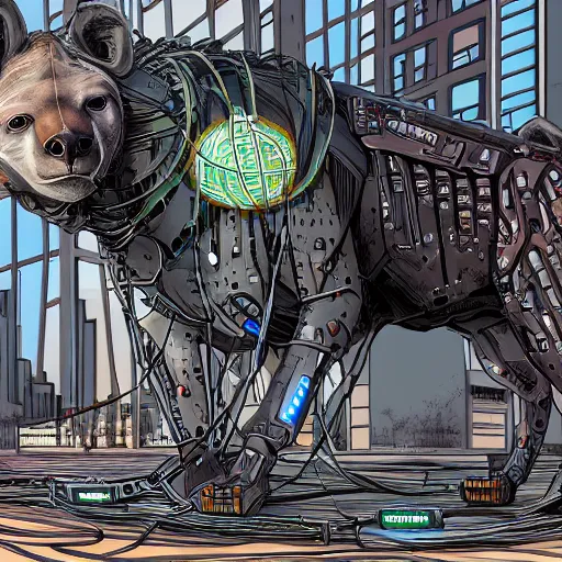 Image similar to cyborg hyena, beksinki style, many wires and exposed metal shown, huge cyberpunk city in background