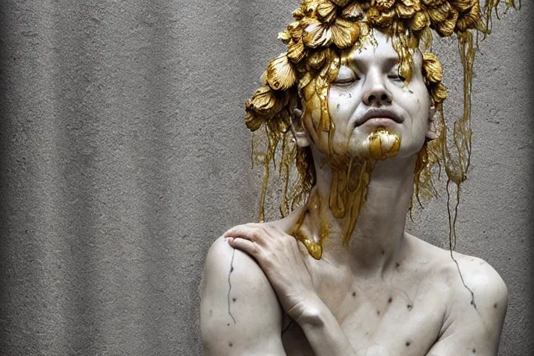 Prompt: a sculpture of a person with flowing golden tears, fractal flowers on the skin, a marble sculpture by nicola samori, behance, neo - expressionism, marble sculpture, apocalypse art, made of mist