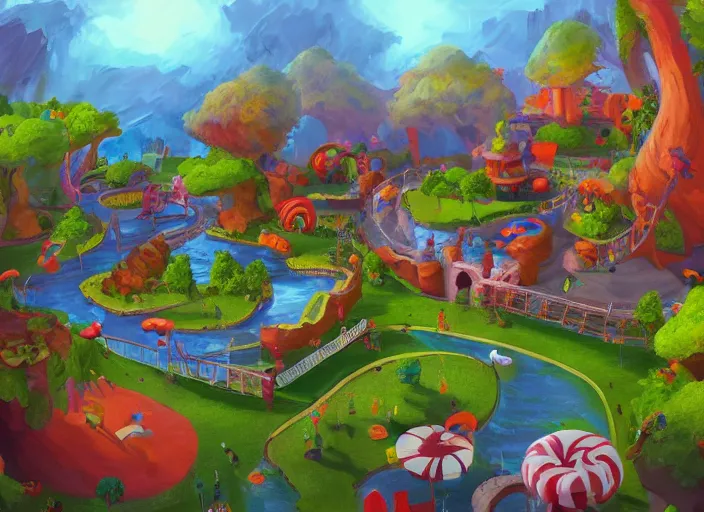 Image similar to enviroment design for a biome for candy kids game, zoo park, top angle, oil painting by jama jurabaev, extremely detailed, brush hard, artstation, for aaa game, high quality, brush stroke