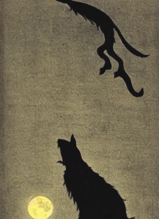 Image similar to silhouette howling at the moon, illustrated by peggy fortnum and beatrix potter and sir john tenniel