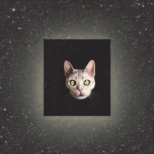 Image similar to alien cat, slowly dissolving into dust, dramatic blurred background with lights, realistic,