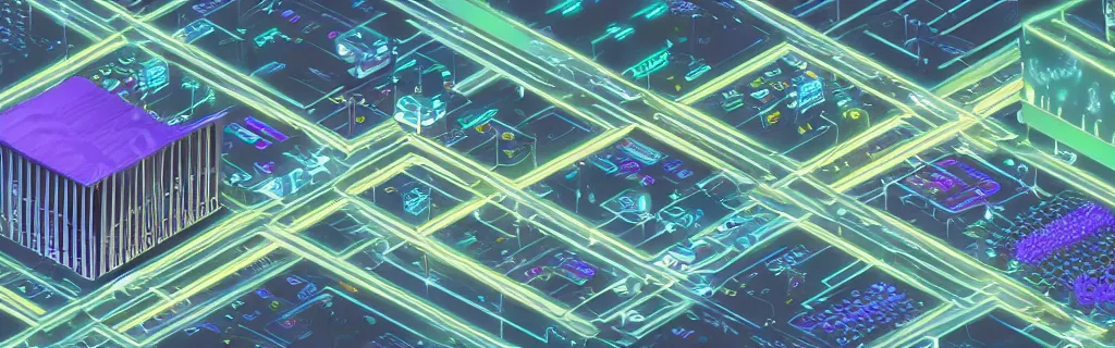 Image similar to a digital matte painting of a complex isometric architecture made of circuit boards and embedded LEDs in a busy modern city, #isometric