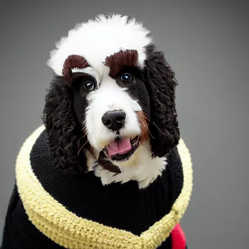 Image similar to a closeup photorealistic photograph of a cute smiling knitted bernedoodle judge dog dressed in a black gown, presiding over the courthouse. indoors, professional capture, well lit shot. this 4 k hd image is trending on artstation, featured on behance, well - rendered, extra crisp, features intricate detail, epic composition and the style of unreal engine.